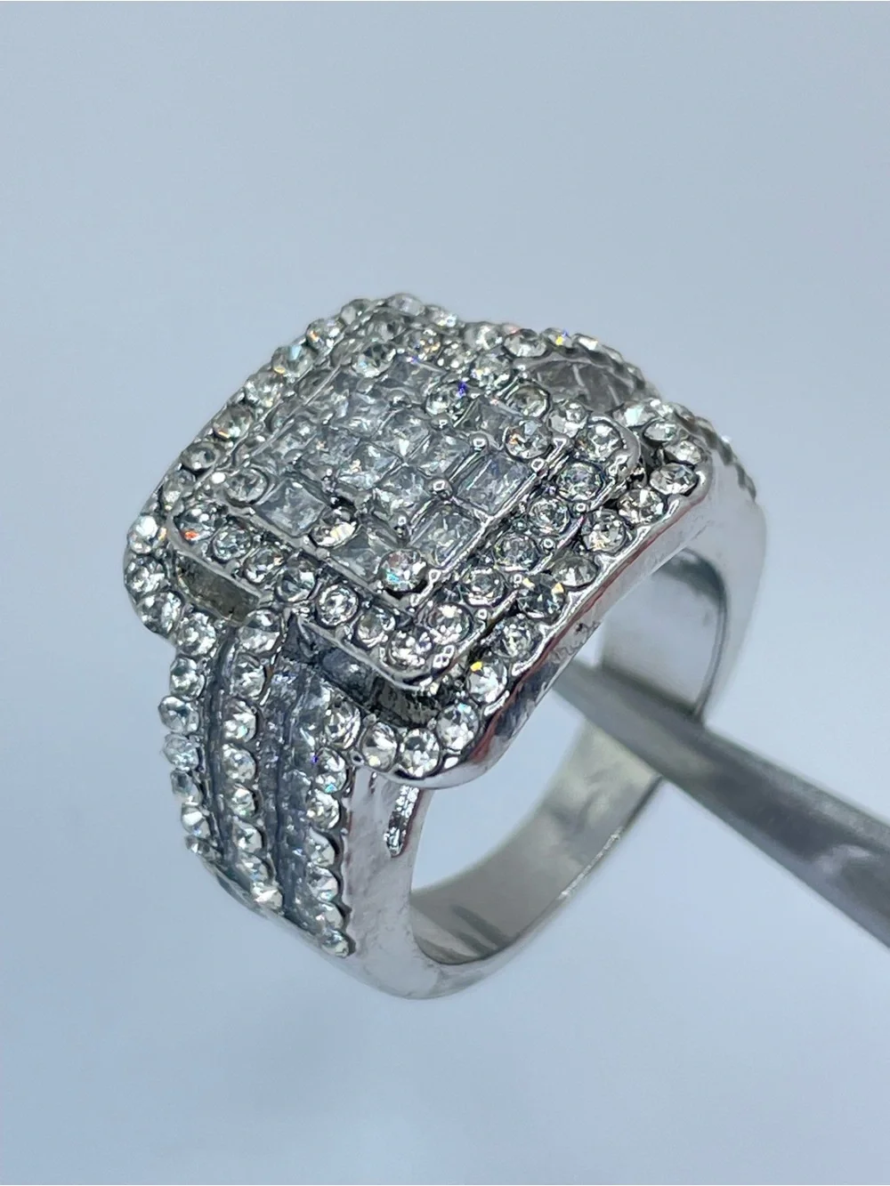 Pave Diamond White CZ Cluster Statement Ring Silver Bold Square Halo Glam